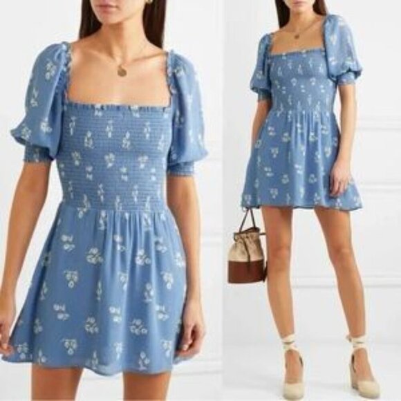Reformation Elle Shirred Floral-print Georgette Mini Dress Blue Size 12 - Picture 1 of 8